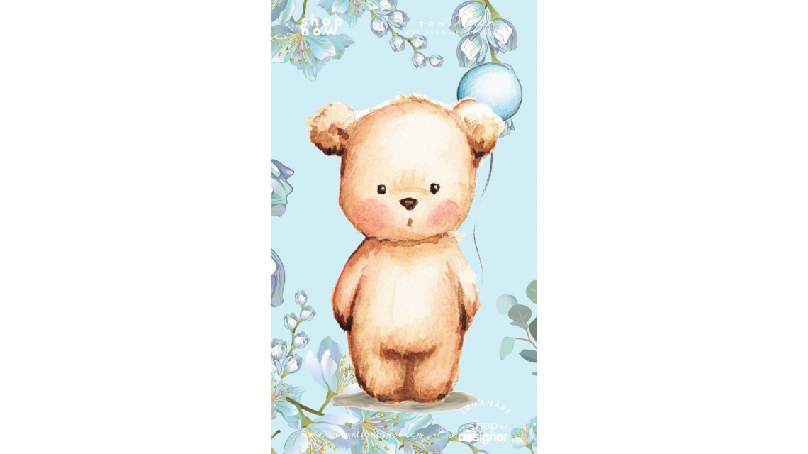 Trusou de botez cu eucalipt si ursuleti pe fundal bleu mint Little Blue Bear 1